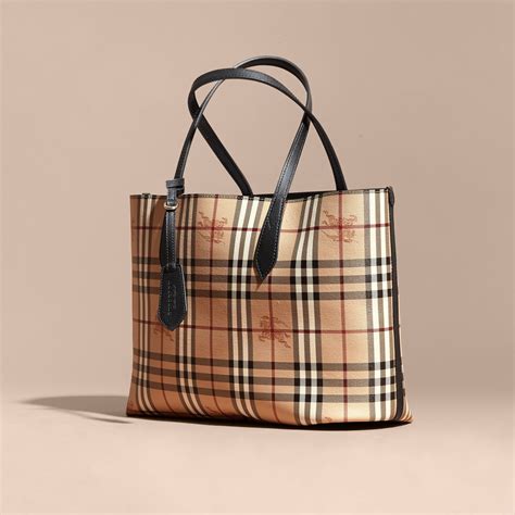 burberry medium reversible tote in haymarket check and leather|burberry checked canvas tote bag.